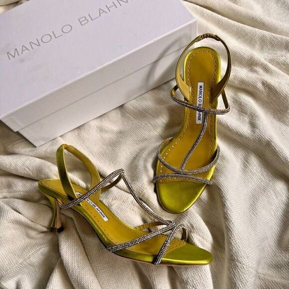 Manolo Blahnik Lucecry Satin Embellished Slingback Sandals Green 38 NEW - Picture 1 of 14